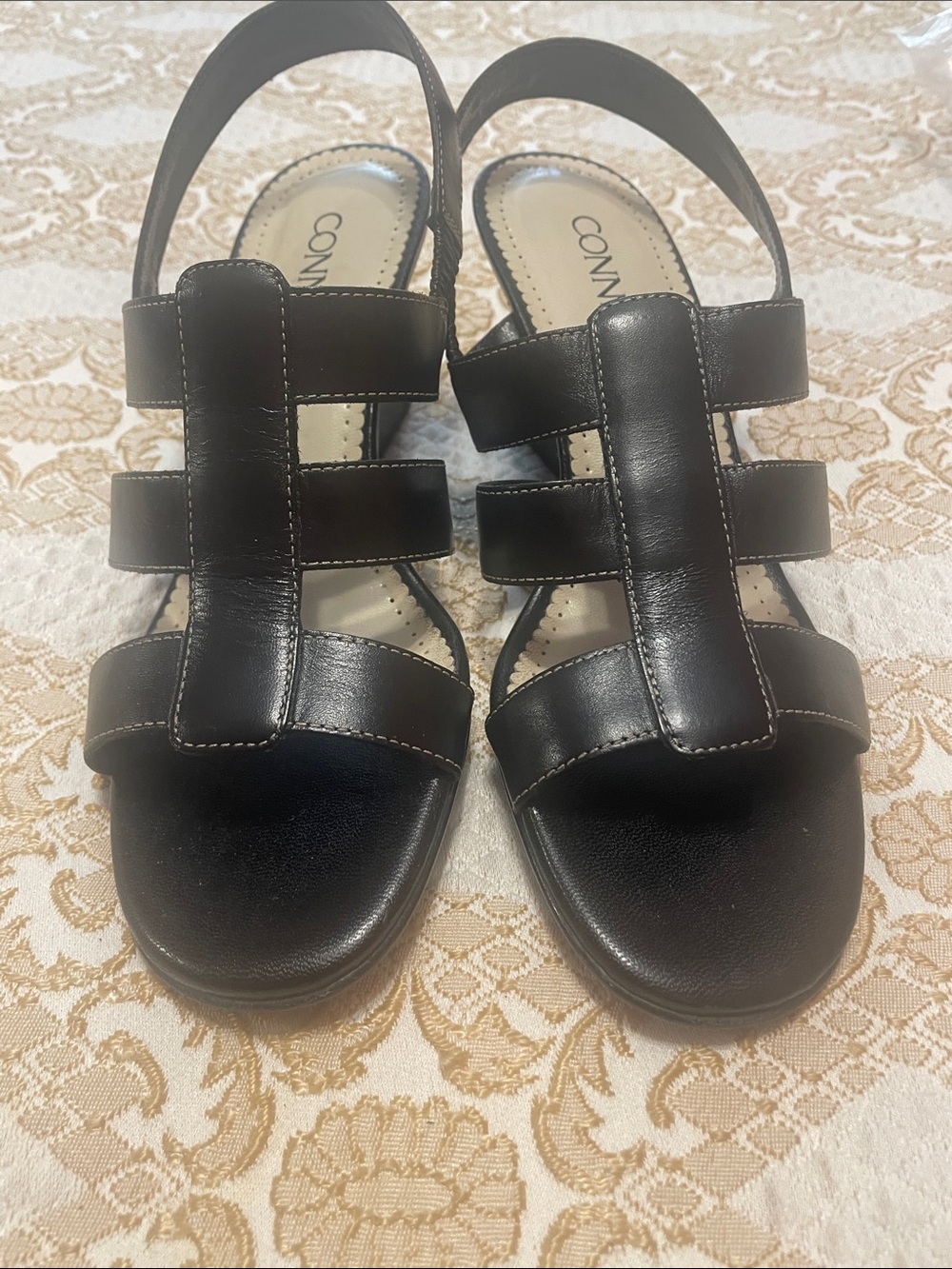 Connie Black Strappy Wedge Sandals with Slingback